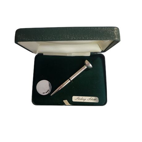 Antique sterling silver golf tee pencil and ball marker by W.M. 9.6g GC BOXED