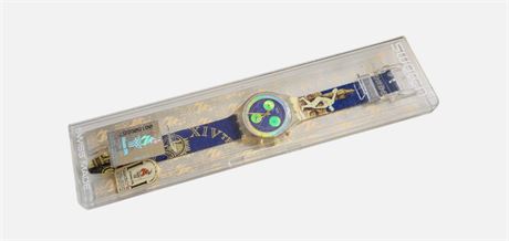 1994 Retro Olympic Atlanta London Swatch wristwatch/badge working Swiss VGC BOX