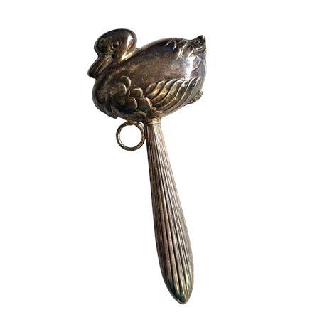 Antique Silver-plated Duck Shaped Baby Rattle Ribbed Handle GC