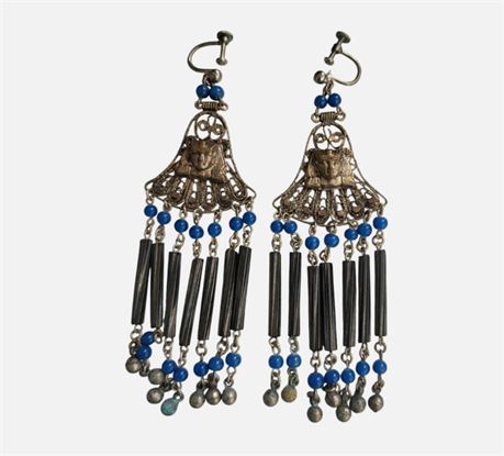Vintage Egyptian Revival Pharaoh Filigree White Metal Glass Bead Dangle Earrings