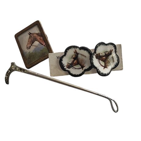 VINTAGE LOT OF EQUESTRIAN HORSE BADGE RIDING CROP EARRINGS GC