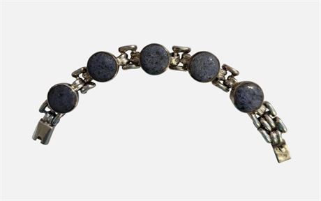 Antique .950 Mexican Silver & Lapis Lazuli Stones Link Chain Bracelet GC