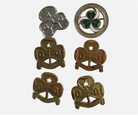 Vintage Job Lot Six Girl Guides Trefoil Leaf Badges Brass Uniform Enamel GC