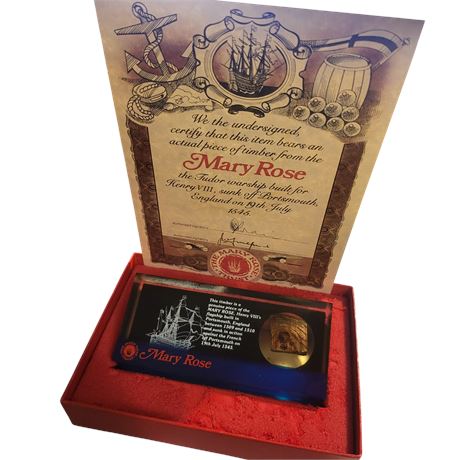 Ancient Mary Rose Timber Fragment Paper weight / Display Block Boxed with COA