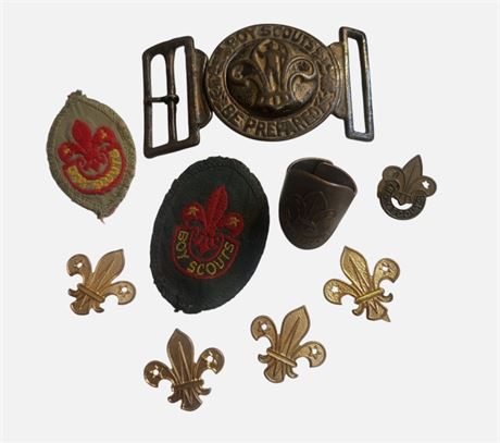Vintage Job Lot Boy Scouts Buckle Badges Patches Ring Uniform Fleur-de-lis GC